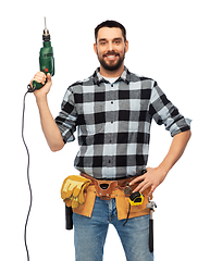 Image showing happy male worker or builder with drill and tools