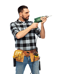 Image showing male worker or builder with drill and tools