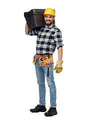 Image showing happy worker or builder in helmet with tool box