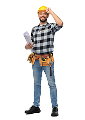 Image showing male worker or builder in helmet with blueprint