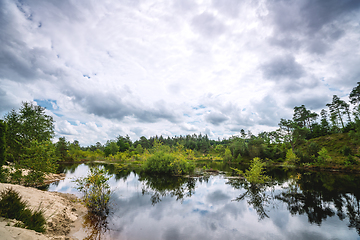 Image showing Forest lake scenery with a sand beach