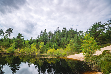 Image showing Sand beach by an idyllic forest lake