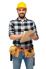 Image showing male worker or builder in helmet with clipboard