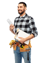 Image showing male builder with clipboard and blueprint