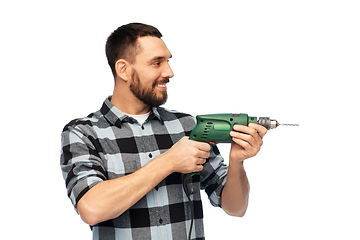 Image showing happy man, worker or builder with drill