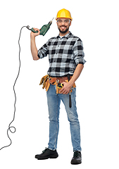 Image showing happy male worker or builder in helmet with drill