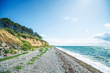 Image showing Seashore with a pebble beach beneath a cliff