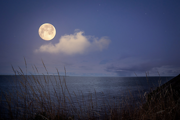 Image showing Full moon over the sea with sparkling stars