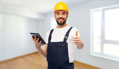 Image showing worker or builder with tablet pc showing thumbs up