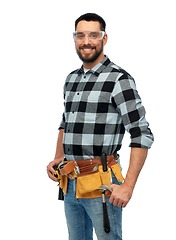 Image showing happy male worker or builder with tool belt