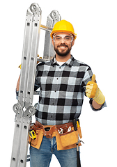Image showing happy male worker or builder in helmet with ladder