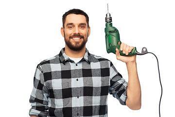 Image showing happy man, worker or builder with drill