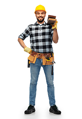 Image showing happy male worker or builder in helmet with boards