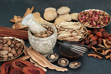 Image showing Chinese Acupuncture Treatment with Needles Herbs and Spice