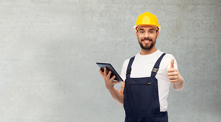 Image showing worker or builder with tablet pc showing thumbs up