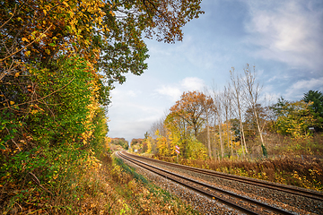 Image showing Railroad going through an autumn colored landscape