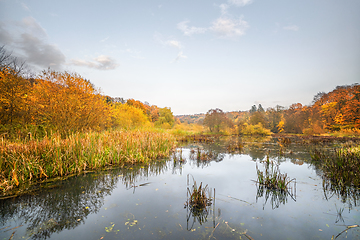 Image showing Idyllic lake scenery in the fall with trees