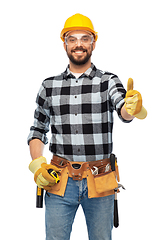 Image showing happy male worker or builder showing thumbs up