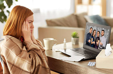 Image showing sick woman having video call with friends at home