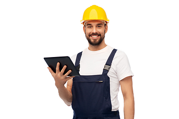 Image showing happy male worker or builder with tablet computer