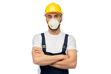 Image showing male worker or builder in helmet and respirator