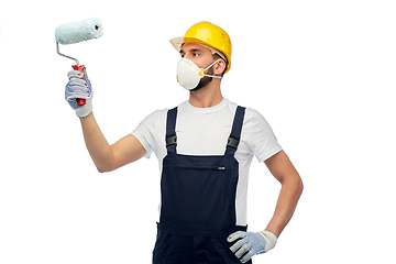 Image showing worker or builder in respirator with paint roller