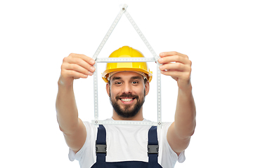 Image showing happy male worker or builder with carpenter's rule