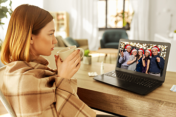 Image showing sick woman having video call with friends at home
