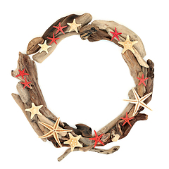 Image showing Abstract Driftwood Wreath Sculpture with Starfish Seashells 