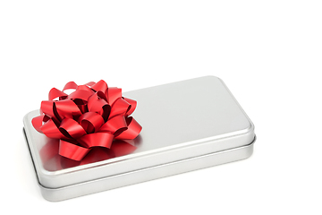 Image showing Elegant Silver Grey Metal Gift Box and Red Bow