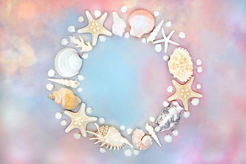 Image showing Wreath of Shells on Rainbow Sky Background