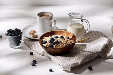 Image showing oatmeal with blueberries, milk and cup of coffee