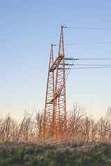 Image showing Red pylons in wild nature at dawn