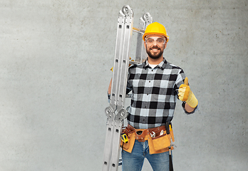 Image showing happy male worker or builder in helmet with ladder