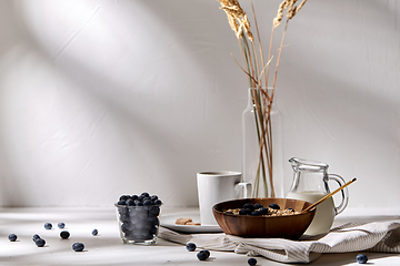 Image showing oatmeal with blueberries, milk and cup of coffee