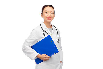 Image showing happy smiling asian female doctor with clipboard