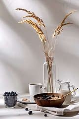 Image showing oatmeal with blueberries, milk and cup of coffee