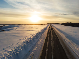 Image showing Aerial view of a winter road