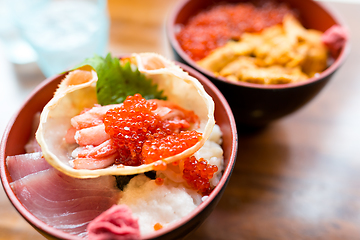 Image showing Seafood rice bowl in Japanese restaurant