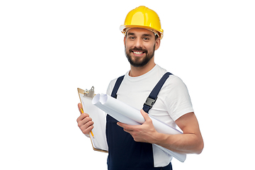 Image showing worker or builder with clipboard and blueprint