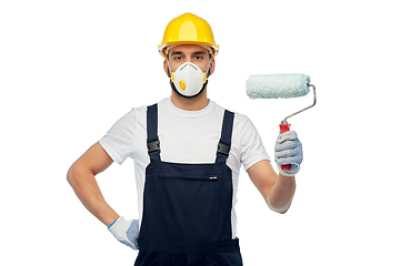 Image showing worker or builder in respirator with paint roller