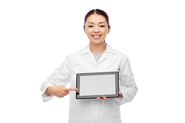 Image showing happy asian female doctor with tablet pc computer