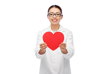 Image showing happy smiling asian female doctor with red heart