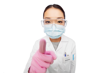 Image showing asian female doctor in mask, goggles and gloves