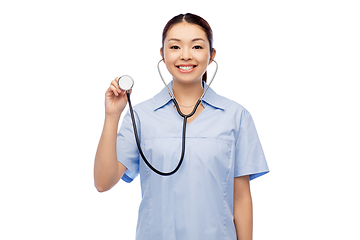 Image showing happy smiling asian female doctor with stethoscope