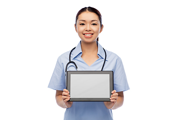 Image showing asian female doctor with tablet pc and stethoscope