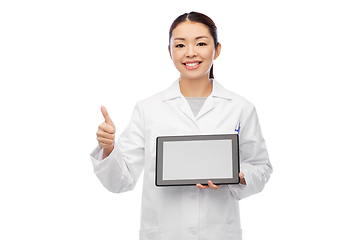 Image showing asian female doctor with tablet pc shows thumbs up