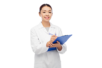 Image showing happy smiling asian female doctor with clipboard