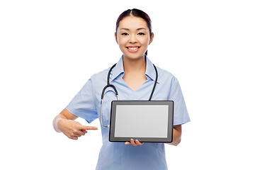 Image showing asian female doctor with tablet pc and stethoscope