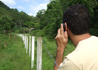 Image showing Using a mobile phone in the forest